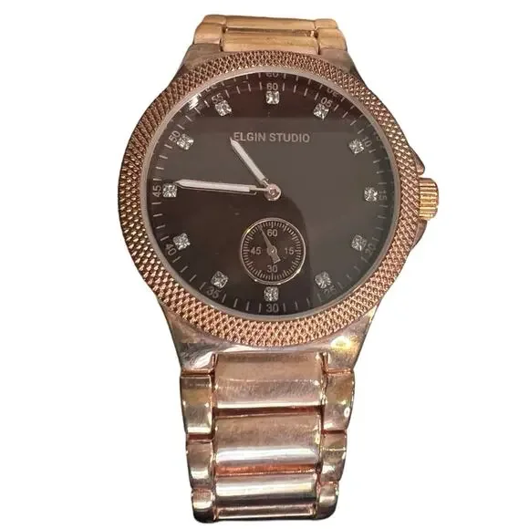 Elgin Studio Rose Gold Fold Over Clasp Analog Swarovski Crystal Watch NEW in Box - Picture 2 of 10